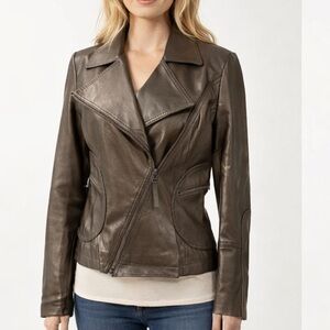 Cache Women's Metallic Golden Brown Leather Jacket